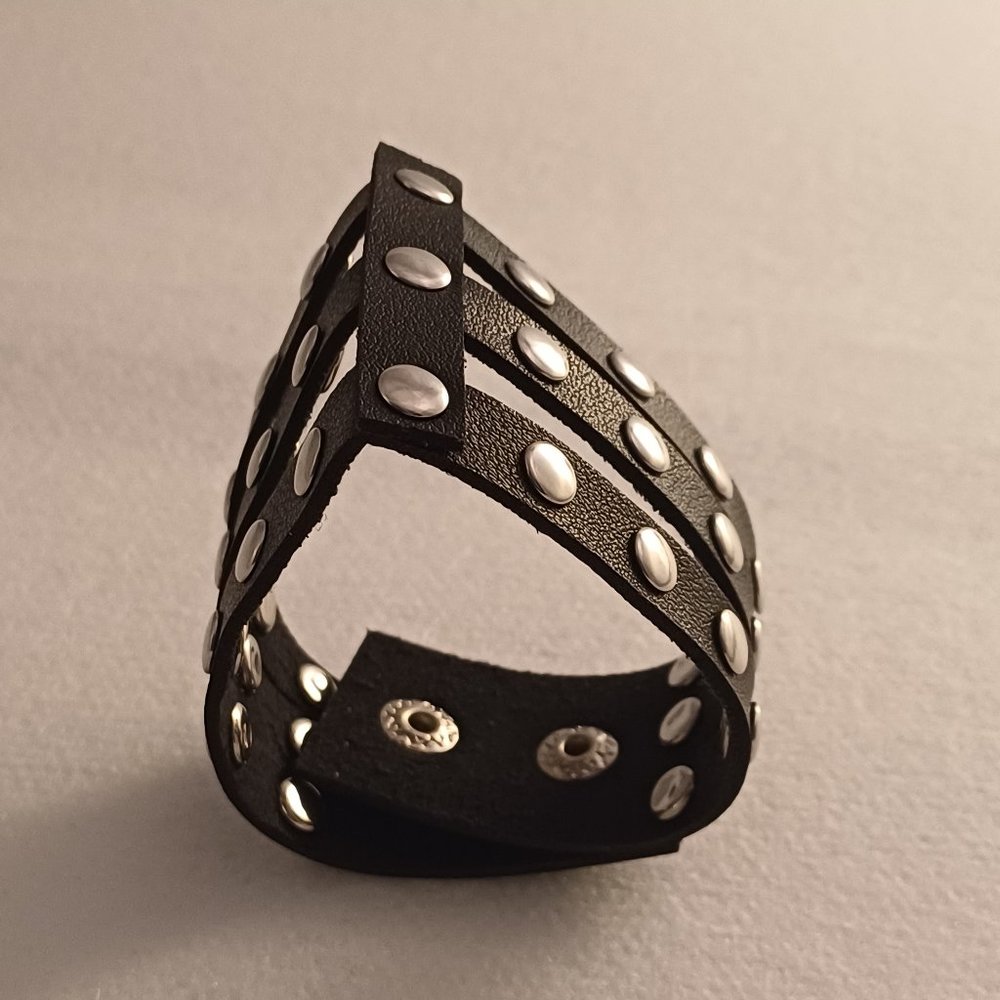 Leather Studded Bracelet Goth Gothic Black Silvery 3-Straps Strappy Biker Womens